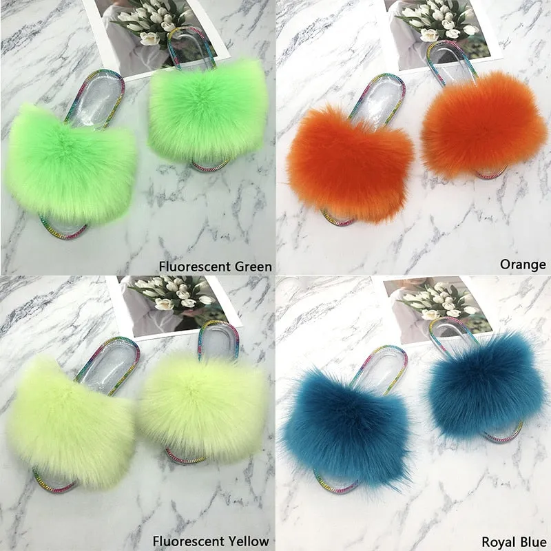 Women's Summer Fluorescent Yellow Synthetic Fur Slides House Slippers