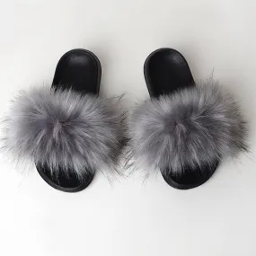 Women's Summer Gray Leisure Raccoon Patchwork Fur House Slippers