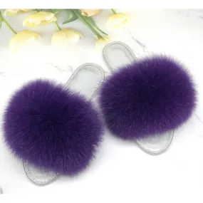 Women's Summer Purple Real Fur Slides Transparent Jelly Flip Flop Slippers