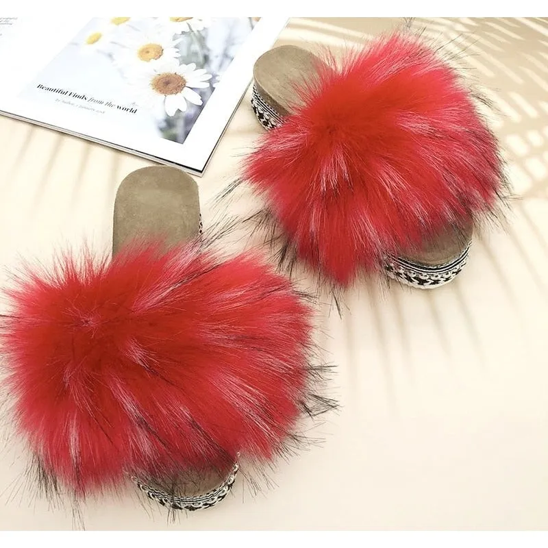 Women's Summer Red Color Synthetic Fur Rivet Platform House Slippers