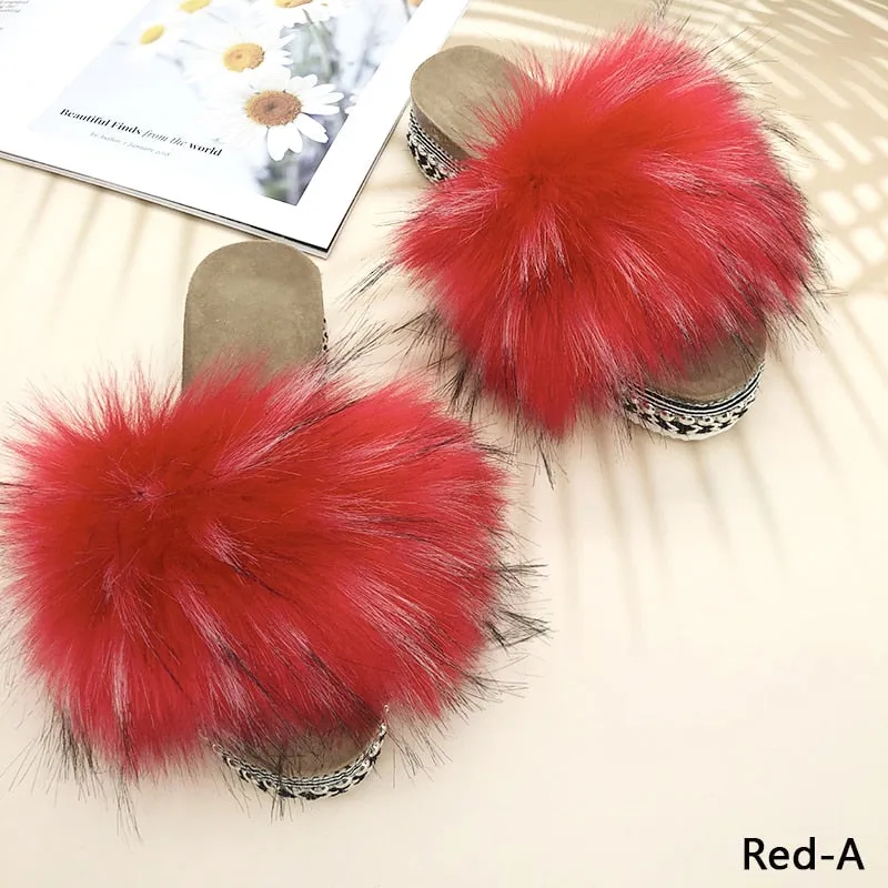 Women's Summer Red Color Synthetic Fur Rivet Platform House Slippers