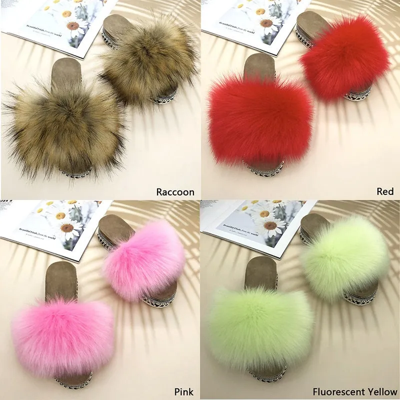 Women's Summer Red Color Synthetic Fur Rivet Platform House Slippers