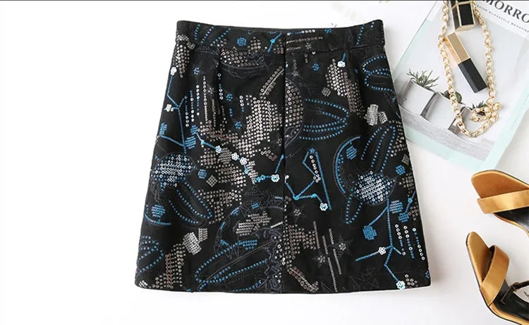 Women's Winter Casual Genuine Leather Sequins Embroidery Mini Skirt