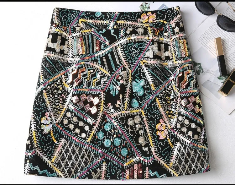 Women's Winter Casual Genuine Leather Sequins Embroidery Mini Skirt